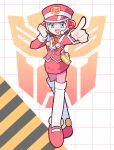  1girl :d autobot blue_eyes blush brown_hair buttoned_cuffs buttons castussan collared_shirt commentary crossed_legs curled_fingers diagonal-striped_background dotted_line english_commentary full_body grid_background hand_up hat headset highres index_finger_raised insignia jacket layered_legwear long_sleeves looking_at_viewer miniskirt necktie open_mouth outstretched_arm pantyhose peaked_cap pink_hat pink_jacket pink_pantyhose pink_shoes pink_skirt pointing pointing_at_viewer police_siren red_necktie robot_ears rotating_light shirt shoes short_hair skirt smile solo standing striped_background t-ai_(transformers) thighhighs thighhighs_over_pantyhose transformers transformers:_car_robots white_background white_thighhighs white_trim yellow_shirt 