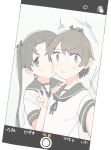  2girls :t ayanami_(kancolle) black_bow black_neckerchief black_ribbon blush bow brown_hair brown_sailor_collar commentary dutch_angle fake_screenshot green_eyes grey_eyes hair_bow hair_ribbon highres kantai_collection long_hair medium_hair motion_lines multiple_girls neckerchief parted_bangs ponytail pout ribbon sailor_collar selfie shikinami_(kancolle) shirt short_sleeves siblings side_ponytail sidelocks simple_background sisters untranslatable_commentary v viewfinder wachi_(hati1186) white_background white_shirt 
