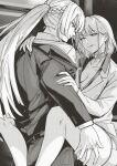  2girls absurdres ak-15_(erwin)_(girls'_frontline) ak-15_(girls'_frontline) argent_moon back breasts cleavage eye_contact girls'_frontline greyscale hand_on_another's_shoulder high_ponytail highres jacket looking_at_another monochrome multiple_girls open_clothes open_jacket ponytail rpk-16_(girls'_frontline) rpk-16_(renate)_(girls'_frontline) short_hair suit thighs yuri 