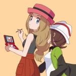  2girls asatsuki_(fgfff) brown_hair closed_mouth commentary_request eyelashes from_side green_jacket grey_eyes handheld_game_console harmony_(pokemon) hat holding holding_handheld_game_console holding_stylus jacket long_hair looking_to_the_side multiple_girls nintendo_3ds open_clothes open_jacket pink_hat pleated_skirt pokemon pokemon_legends:_z-a pokemon_x_and_y red_skirt serena_(pokemon) shirt simple_background skirt sleeveless sleeveless_shirt smelling smelling_hair stylus white_hat white_shirt 