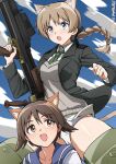 2girls animal_ears anti-materiel_rifle black_jacket blue_sky blush boys_anti_tank_rifle braid brown_eyes brown_hair cat_ears cat_girl cat_tail cloud cloudy_sky collarbone commentary_request dog_ears dog_girl flying green_eyes green_necktie gun highres holding holding_gun holding_weapon jacket long_hair looking_at_another lynette_bishop military_uniform miyafuji_yoshika multiple_girls necktie no_pants open_mouth panties poyopoyotaishi rifle school_uniform shirt short_hair single_braid sky sniper_rifle spread_legs strike_witches striker_unit sweat sweater_vest tail underwear weapon white_panties white_shirt world_witches_series 