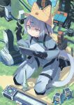  1girl animal_ear_headwear black_gloves blue_eyes blunt_bangs cat_girl cat_tail closed_mouth commentary giant giantess gloves grass grey_hair grey_jumpsuit grey_tail hair_ornament hairclip hard_hat helmet highres holding holding_stylus holding_tablet_pc holographic_interface jumpsuit long_sleeves original outdoors peroncho science_fiction sitting slit_pupils solo stylus sweatdrop tablet_pc tail uneven_eyes untranslatable_commentary yellow_helmet 