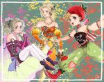  3girls armlet bare_shoulders basket black_shirt blonde_hair blue_eyes boots breasts cape celes_chere character_name cleavage closed_mouth detached_sleeves dress earrings final_fantasy final_fantasy_vi floating flower foot_out_of_frame fruit_basket full_body gold_trim gradient_cape green_hair green_pants hair_flower hair_ornament hair_ribbon hand_on_own_hip hat highres holding holding_basket holding_paintbrush jas_(jasjasjasart) jewelry juliet_sleeves long_sleeves medium_breasts multiple_girls open_mouth orange_sleeves paintbrush pants pantyhose parted_bangs pink_cape pink_dress pink_pantyhose pink_sleeves ponytail puffy_sleeves purple_boots red_boots red_hat relm_arrowny ribbon sash shirt smile strapless strapless_dress terra_branford tube_dress tube_top waist_sash wavy_hair 