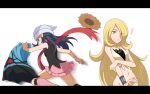  ! 2girls asatsuki_(fgfff) beanie black_hair blonde_hair blue_eyes blue_hair blue_sarong boots breasts clothes_pull commentary_request crop_top cynthia_(pokemon) cynthia_(summer_2025)_(pokemon) dawn_(pokemon) flower grey_eyes hair_ornament hair_over_one_eye hairclip hat hat_flower highres holding long_hair multiple_girls navel official_alternate_costume open_mouth pink_boots pokemon pokemon_diamond/pearl/platinum pokemon_masters_ex sarong scarf shirt skirt sleeveless striped_clothes sun_hat sweatdrop very_long_hair white_hat 