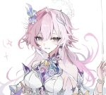  1girl bare_shoulders breasts commentary_request cyrene_(demiurge)_(honkai:_star_rail) cyrene_(honkai:_star_rail) diamond-shaped_pupils diamond_(shape) dress earrings flower hair_flower hair_ornament honkai:_star_rail honkai_(series) jewelry large_breasts long_hair looking_at_viewer multicolored_hair pink_hair planet_earrings pointy_ears purple_eyes simple_background smile solo symbol-shaped_pupils tirutaimu8 two-tone_hair upper_body white_background white_dress white_hair 