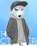  1boy absurdres bandaid bandaid_on_leg baseball_cap basher blue_background blue_bow blue_eyes boros_(ouro_kronii) bow commentary ear_piercing english_commentary frown greyscale_with_colored_background hair_bow hands_in_pockets hat highres hololive hololive_english hood hood_down hoodie jacket looking_at_viewer male_focus open_clothes open_jacket personification piercing pointy_ears serious short_hair solo spot_color v-shaped_eyebrows virtual_youtuber 