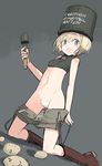  bare_shoulders blonde_hair blue_eyes blush boots clothes_writing cosplay erica_hartmann explosive german grenade looking_at_viewer maebari navel potato shimada_fumikane short_hair shorts shorts_pull sketch smile solo stielhandgranate strike_witches translated world_witches_series 