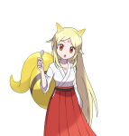  1girl :o asatsuki_(fgfff) blonde_hair commentary_request eyelashes facial_mark forehead_mark hakama hakama_skirt hand_up holding holding_spoon japanese_clothes kadabra kimono long_hair looking_at_viewer open_mouth orange_eyes parted_bangs personification pokemon pokemon_tail red_hakama sidelocks simple_background skirt solo spoon tail white_background white_kimono 