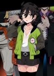  4boys :o belt black_belt black_hair black_shorts black_thighhighs bracelet commentary_request corbeau_(pokemon) earrings green_jacket green_nails grey_eyes grisham_(pokemon) hair_between_eyes hand_in_pocket hand_up highres ivor_(pokemon) jacket jewelry looking_at_viewer male_focus multiple_boys nail_polish open_clothes open_jacket open_mouth paxton_(pokemon) pokemon pokemon_legends:_z-a sana_(37pisana) shiny_skin shirt short_hair shorts thighhighs white_shirt 