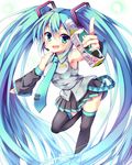  aqua_eyes aqua_hair bottle detached_sleeves hatsune_miku headset long_hair necktie open_mouth pointing skirt solo thighhighs twintails very_long_hair vocaloid white_background yatsuki_yura 