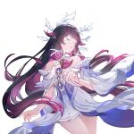  1girl absurdres bare_shoulders black_hair bow bowtie closed_eyes columbina_(genshin_impact) cowboy_shot dress eye_mask facing_to_the_side genshin_impact hand_up head_wings highres long_hair low-tied_sidelocks mask mingming8 multicolored_hair multiple_wings parted_lips purple_hair see-through_clothes see-through_mask sidelocks simple_background solo two-tone_hair very_long_hair white_background white_bow white_bowtie white_mask white_wings wings wrist_bow 