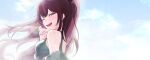 1girl :d ;d absurdres bare_shoulders bloom blue_sky blush breasts brown_hair cloud cloudy_sky commentary day doldolsedol fangs floating_hair from_side grey_jacket half-closed_eyes hand_up highres isegye_idol jacket jacket_partially_removed jururu korean_commentary lens_flare long_hair looking_at_viewer looking_to_the_side medium_breasts multicolored_hair off_shoulder one_eye_closed open_mouth ponytail purple_eyes purple_hair shirt sidelocks sky sleeveless smile solo spaghetti_strap streaked_hair tank_top teeth turning_head upper_body virtual_youtuber waktaverse 