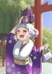  1girl :d alternate_hair_length_(shorter) alternate_hairstyle arched_bangs bag blush braid braided_base bright_pupils bun_with_braided_base commentary_request cowboy_shot creature_on_head flower fur_scarf furisode grey_hair hair_bun hair_flower hair_ornament hairband handbag highres hololive japanese_clothes kanzashi kimono kiwami133 looking_at_creature looking_up murasaki_shion obi obijime open_mouth outdoors purple_kimono sash shiokko_(murasaki_shion) shrine simple_background smile solo torii tsumami_kanzashi upper_body virtual_youtuber white_pupils white_sleeves yellow_eyes yellow_sash 