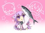  :3 animal_ears arm_up bad_id bad_pixiv_id buri_hamachi cat_ears chibi crescent crescent_hair_ornament etou_(cherry7) fish hair_ornament koakuma long_hair open_mouth patchouli_knowledge purple_eyes purple_hair solid_circle_eyes solo touhou very_long_hair 