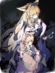  2girls animal_ear_fluff animal_ears arknights bare_shoulders black_background blonde_hair chinese_commentary closed_mouth commentary_request cowboy_shot dress flower fox_ears fox_girl from_above hairband highres holding holding_sword holding_weapon japanese_clothes kimono long_hair long_sleeves mother_and_child mother_and_daughter multiple_girls nan0320298 official_alternate_costume parent_and_child pink_kimono purple_flower red_hairband standing suzuran_(arknights) suzuran_(yukibare)_(arknights) sword vulpisfoglia_(arknights) vulpisfoglia_(out_of_focus)_(arknights) weapon wide_sleeves yellow_eyes 