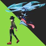  1boy asatsuki_(fgfff) black_hair black_hat black_pants bracelet closed_mouth commentary_request from_side greninja grey_eyes hat highres holding holding_poke_ball jacket jewelry long_sleeves looking_to_the_side male_focus mega_greninja pants paxton_(pokemon) poke_ball poke_ball_(basic) pokemon pokemon_(creature) pokemon_legends:_z-a print_jacket red_shoes shirt shoes short_hair smile standing two-tone_background white_shirt 