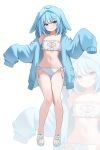  1girl :q absurdres animal_ears arahashi_tabi bare_legs bare_shoulders blue_eyes blue_hair blue_jacket bra breasts cleavage cleavage_cutout closed_mouth clothing_cutout commentary_request fake_animal_ears frilled_bra frills full_body highres hood hood_up hooded_jacket jacket korean_commentary long_hair looking_at_viewer medium_breasts multicolored_hair nannung navel open_clothes open_jacket panties side-tie_panties simple_background sleeves_past_fingers sleeves_past_wrists slippers smile solo stellive stomach strapless strapless_bra streaked_hair thigh_gap thighs tongue tongue_out twintails underwear virtual_youtuber white_background white_bra white_panties zoom_layer 