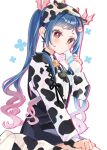  +_+ 1girl animal_ears animal_print black_skirt blue_hair bottle closed_mouth collared_shirt commentary_request cow_ears cow_horns cow_print dress_shirt fake_animal_ears fake_horns gradient_hair hairband hand_up highres holding holding_bottle horns long_hair long_sleeves milk_bottle multicolored_hair original pink_hair print_hairband print_shirt print_socks puffy_long_sleeves puffy_sleeves red_eyes rino_cnc shirt shoes simple_background sitting skirt socks solo twintails very_long_hair wariza white_background white_shoes 