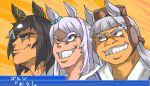  3girls alternate_eye_color animal_ears aqua_bow black_hair blunt_bangs bow brown_eyes brown_hat commentary_request ear_bow ear_covers ear_ornament getter_robo getter_robo_armageddon getter_team_pose_(meme) gold_ship_(umamusume) grey_hair grin hat headgear horse_ears horse_girl ishikawa_ken_(style) long_hair mejiro_mcqueen_(umamusume) meme multicolored_hair multiple_girls ooya_kenta pillbox_hat purple_eyes purple_hair sailor_collar school_uniform sketch smile stay_gold_(umamusume) streaked_hair summer_uniform super_robot_wars thick_eyebrows tracen_school_uniform translation_request umamusume video_game_dialogue_box white_sailor_collar white_streaks 