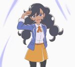  1girl :d asatsuki_(fgfff) belt black_hair black_pantyhose blue_eyes blue_jacket brown_belt collared_shirt commentary_request cowboy_shot emma_(pokemon) eyelashes hair_between_eyes happy jacket long_hair looking_at_viewer open_clothes open_jacket open_mouth orange_skirt pantyhose pokemon pokemon_(anime) pokemon_horizons shirt skirt smile solo teeth upper_teeth_only white_shirt 