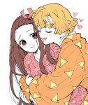  1boy 1girl agatsuma_zenitsu black_hair blonde_hair closed_eyes closed_mouth commentary_request highres hug japanese_clothes kamado_nezuko kimetsu_no_yaiba long_hair nakogara_kmt open_mouth pink_eyes short_hair simple_background white_background 