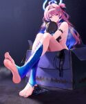  1girl ahoge barefoot black_bra black_hairband black_panties blue_hair blue_nails bra breasts colored_inner_hair commentary denia_(breakdown)_(wuthering_waves) denia_(wuthering_waves) drill_hair feet foot_focus foreshortening from_below full_body hairband highres legs long_hair looking_at_viewer looking_down medium_breasts multicolored_hair nail_polish notice_lines nude panties panties_around_one_ankle panties_around_one_leg pink_eyes pink_hair presenting_foot prev/next sitting sky soles star_(sky) starry_sky toenail_polish toenails toes two-tone_hair underwear unworn_bra wuthering_waves 