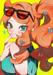  1girl aqua_eyes aqua_nails aqua_shirt black-framed_eyewear blush breasts closed_mouth commentary_request eyewear_on_head green_eyes hair_ornament heart heart_hair_ornament highres kawasaki_(kwsk_8765) large_breasts long_hair looking_at_viewer orange-tinted_eyewear orange_hair pokemon pokemon_sword_and_shield ribbed_shirt shirt side_ponytail smile solo sonia_(pokemon) sunglasses swept_bangs tinted_eyewear yellow_background 