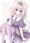  1girl absurdres animal_ear_fluff animal_ears antenna_hair black_bow black_dress black_shoes blonde_hair blush border bow buttons cat_ears cat_girl cat_tail commentary crossed_bangs double-breasted double-parted_bangs dress feet_out_of_frame food frilled_dress frills grey_pantyhose hair_between_eyes hair_bow hair_intakes highres holding holding_food holding_ice_cream ice_cream jewelry knees_up long_hair meitantei_precure! moria_luluka multiple_scoops necklace nekoboshi_yuki outline outside_border pantyhose parted_lips pink_background precure purple_eyes shoes short_sleeves sitting solo tail white_border white_outline 