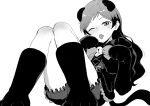  1girl :p ;p animal_ears animal_hands bell bow bowtie cat_ears cat_girl cat_tail commentary_request gloves greyscale highres idolmaster idolmaster_million_live! idolmaster_million_live!_theater_days kitazawa_shiho kitazawa_shiho_(soraneko_cafe) knees_up long_hair looking_at_viewer lying monochrome neck_bell nekoi_mie official_alternate_costume one_eye_closed paw_gloves paw_pose paw_shoes reclining simple_background solo tail tongue tongue_out white_background 