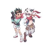  2boys aegiomon aegiomon_(cosplay) black_gloves black_hair black_horns black_vest commentary cosplay digimon digimon_story:_time_stranger electricity english_commentary full_body gloves gon_freecss green_jacket gun holding holding_gun holding_weapon horns hunter_x_hunter jacket justnetd killua_zoldyck male_focus multiple_boys red_scarf satyr scarf shorts simple_background spiked_hair vest weapon white_background white_gloves white_hair white_jacket white_shorts yuuki_dan yuuki_dan_(cosplay) 