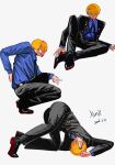  1boy blonde_hair cigarette commentary_request curly_eyebrows facial_hair formal_clothes goatee hair_over_one_eye highres holding holding_cigarette male_focus mustache_stubble one_piece sanji_(one_piece) smoking solo stubble suit xunki999 