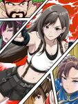  1boy 4girls beard black_gloves black_skirt blush breasts brown_hair chun-li cleavage close-up confident curious double_bun earrings elbow_gloves english_commentary facial_hair fatal_fury final_fantasy final_fantasy_vii final_fantasy_vii_remake fingerless_gloves gloves hair_bun han_juri headband highres jewelry macqueen7777 mixed-language_commentary multicolored_hair multiple_girls navel notice_lines profile purple_eyes red_eyes red_headband ryu_(street_fighter) shiranui_mai skirt stomach streaked_hair street_fighter street_fighter_6 tank_top tifa_lockhart white_tank_top 