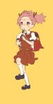  1girl backpack bag bangs_blown_up black_shoes charm_(object) cocoa_(ultra_mdk) collared_shirt commentary_request dress flute hair_ribbon highres holding holding_flute holding_instrument instrument kaname_madoka kneehighs kyoufuu_all_back_(vocaloid) kyubey mahou_shoujo_madoka_magica mahou_shoujo_madoka_magica_(anime) necktie parody pinafore_dress pink_hair pleated_dress puffy_short_sleeves puffy_sleeves randoseru red_dress red_necktie red_ribbon ribbon shirt shoes short_hair short_sleeves short_twintails simple_background sleeveless sleeveless_dress socks solo standing standing_on_one_leg twintails white_shirt white_socks yellow_background 