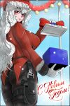  1girl absurdres alpha_(alpha_1918) alternate_breast_size_(larger) alternate_costume ass belt black_pantyhose blush breasts brown_belt christmas from_behind fur-trimmed_jacket fur_trim gift gloves grin happy_new_year hat highres holding holding_gift jacket large_breasts long_hair looking_at_viewer mastcom0 original pantyhose parted_lips red_eyes red_jacket red_tailcoat santa_hat skindentation smile solo tailcoat thigh_strap translated very_long_hair white_gloves white_hair 