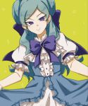  1girl aqua_hair beta_(inazuma_eleven) blue_dress blue_gem bow bowtie brooch closed_mouth commentary double_bun dress frilled_dress frills gem green_background hair_bow hair_bun highres holding_own_dress inazuma_eleven_(series) inazuma_eleven_cross inazuma_eleven_go inazuma_eleven_go_chrono_stone jewelry light_blush long_hair looking_at_viewer no_pupils official_alternate_costume piyoko_369 puffy_short_sleeves puffy_sleeves purple_bow purple_bowtie purple_eyes short_sleeves smile solo sparkle untranslatable_commentary 