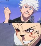  2boys absurdres black_hair blood blood_on_face extra_eyes facial_tattoo gojo_satoru highres jujutsu_kaisen magimeoka multiple_boys nosebleed red_eyes ryoumen_sukuna_(jujutsu_kaisen) ryoumen_sukuna_(second_possession)_(jujutsu_kaisen) short_hair tattoo white_hair 