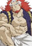  1boy abs adversarial_noise bara bare_pectorals beard closed_mouth commentary_request earrings facial_hair heavy_adversarial_noise highres jewelry large_pectorals long_hair looking_at_viewer male_focus migi_(yomi_no_tsugai) multicolored_hair muscular muscular_male nipples pectorals red_hair shirako_(kirupi) small_horns solo streaked_hair two-tone_hair yomi_no_tsugai 