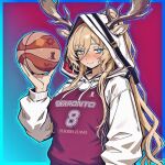  1girl adapted_costume arknights ball blonde_hair blue_eyes blue_outline blush breasts bright_pupils caffichai drawstring ears_through_hood hair_through_hood hand_up highres holding holding_ball hood hood_up horns_through_hood large_breasts long_hair long_sleeves outline ponytail red_background red_sweater rhodes_island_logo_(arknights) simple_background smile solo sweater upper_body very_long_hair viviana_(arknights) white_pupils 