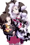  1boy 1girl asymmetrical_bangs black_hair black_jacket black_shirt braid braided_ponytail breasts choker commentary_request dress echo_(circa) galarian_zigzagoon gloves green_eyes hair_ribbon jacket long_sleeves looking_at_viewer low_twin_braids marnie_(pokemon) medium_breasts medium_hair morpeko morpeko_(full) multicolored_hair piers_(pokemon) pink_dress pink_shorts pokemon pokemon_(creature) pokemon_sword_and_shield ribbon shirt shorts twin_braids two-tone_hair undercut white_gloves white_hair white_jacket 