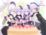  4girls :d belt_collar birthday birthday_cake birthday_sash black_coat black_jacket black_shorts black_skirt blue_eyes blurry blurry_foreground cake cevio choker ci_flower closed_mouth coat collar commentary corset dated dot_mouth expressionless fishnet_sleeves fishnets flower_(gynoid_talk) flower_(vocaloid) flower_(vocaloid3) flower_(vocaloid4) food fruit fur-trimmed_jacket fur-trimmed_skirt fur_trim grey_shirt gynoid_talk happy_birthday headphones highres holding_sash jacket kokodoko_(g_kkdk) layered_shirt light_smile long_hair medium_hair midriff multicolored_hair multiple_girls multiple_persona navel open_mouth parted_lips ponytail purple_eyes purple_jacket purple_streaks purple_vest shirt short_hair shorts sidelocks skirt smile split_mouth strawberry streaked_hair translated vest vocaloid white_hair 