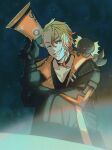  1boy animal_on_shoulder axel_syrios axelotl_(axel_syrios) axolotl black_choker black_gloves black_jacket black_shirt blonde_hair braid choker gloves grin highres holding holding_megaphone holostars holostars_english holostars_english_idol_uniform jacket kbdoodles male_focus megaphone multicolored_hair official_alternate_costume one_eye_closed red_streaks shirt side_braid single_braid smile streaked_hair virtual_youtuber 