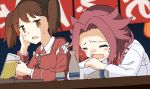  2girls alcohol bead_necklace beads beer blush blush_stickers brown_eyes brown_hair closed_eyes collared_shirt commentary_request crying cup double-parted_bangs drunk hair_between_eyes highres jacket jewelry jun'you_(kancolle) kantai_collection lantern long_hair long_sleeves looking_down medium_hair mug multiple_girls necklace open_mouth paper_lantern parted_bangs pink_hair red_jacket red_shirt ryuujou_(kancolle) shirt short_twintails sitting snot sweat twintails upper_body wachi_(hati1186) white_jacket white_shirt 