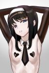  1girl absurdres armpits black_hair black_necktie blue_eyes blue_pupils breasts cinn_angl commentary detached_collar hairband heart_pasties highres long_hair looking_at_viewer necktie parted_lips pasties small_breasts solo tohno_akiha tsukihime upper_body white_hairband 