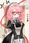  1girl alternate_costume apron black_dress braid brown_eyes chloe_de_gervaise commentary_request dress enmaided frilled_apron frills glasses highres juliet_sleeves long_hair long_sleeves maid maid_apron maid_headdress pink_hair puffy_sleeves sakuraso sekaiju_no_meikyuu shin_sekaiju_no_meikyuu_2 solo twin_braids white_apron 