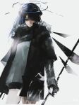  1girl arknights black_jacket blue_eyes blue_hair closed_mouth cowboy_shot demon_horns detached_wings fur-trimmed_hood fur-trimmed_jacket fur_trim grey_background halo highres holding holding_weapon hood horns hthwm jacket long_hair long_sleeves looking_at_viewer mostima_(arknights) shirt simple_background smile solo standing weapon white_shirt wings 