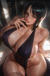  1girl black_dress black_hair breasts cleavage commentary covered_nipples curvy day dress finger_to_mouth halterneck highres huge_breasts leaning_on_table looking_at_viewer nico_robin one_piece parted_lips plunging_neckline revealing_clothes sideless_dress solo sunlight window_shadow zd_1995 