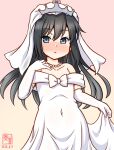  1girl alternate_costume artist_logo asashio_(kancolle) bare_shoulders black_hair blue_eyes blush bridal_veil bride collarbone commentary_request covered_navel dated dress elbow_gloves gloves holding_own_dress kanon_(kurogane_knights) kantai_collection logo long_hair looking_at_viewer pink_background smile solo veil wedding_dress white_dress white_gloves white_veil 