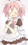  1girl :d animal_ear_hairband animal_ears apron blush bow bowtie brown_dress closed_eyes commentary_request dress fake_animal_ears frilled_apron frilled_dress frills hair_between_eyes hairband highres hitode holding holding_tray kaname_madoka mahou_shoujo_madoka_magica mahou_shoujo_madoka_magica_(anime) maid maid_headdress open_mouth pink_background pink_bow pink_bowtie pink_hair pink_hairband rabbit_ear_hairband rabbit_ears short_hair short_sleeves short_twintails sidelocks smile solo tray twintails white_apron 