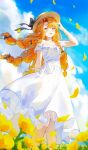  1girl absurdres alternate_costume bare_shoulders black_bow blue_sky bow braid braided_sidelocks brown_hat commentary day dress flat_chest from_below hand_up hat hat_bow highres long_hair off-shoulder_dress off_shoulder open_mouth orange_hair outdoors petals pointy_ears retsu_(retsu_3) sidelocks sigrika_(wuthering_waves) sky smile solo standing white_dress wuthering_waves yellow_petals 