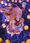  1girl absurdres aoi_1013ss blush bow bowtie brown_horns candle commentary_request cupping_hands hair_bow highres holding horn_ornament horn_ribbon horns ibuki_suika lantern lantern_on_liquid long_hair oni open_mouth orange_eyes orange_hair own_hands_together paper_lantern purple_skirt red_bow red_bowtie reflection reflective_liquid ribbon ribbon-trimmed_skirt ribbon_trim ripples shirt skirt solo touhou twitter_username very_long_hair wading water white_shirt white_wrist_cuffs wrist_cuffs 
